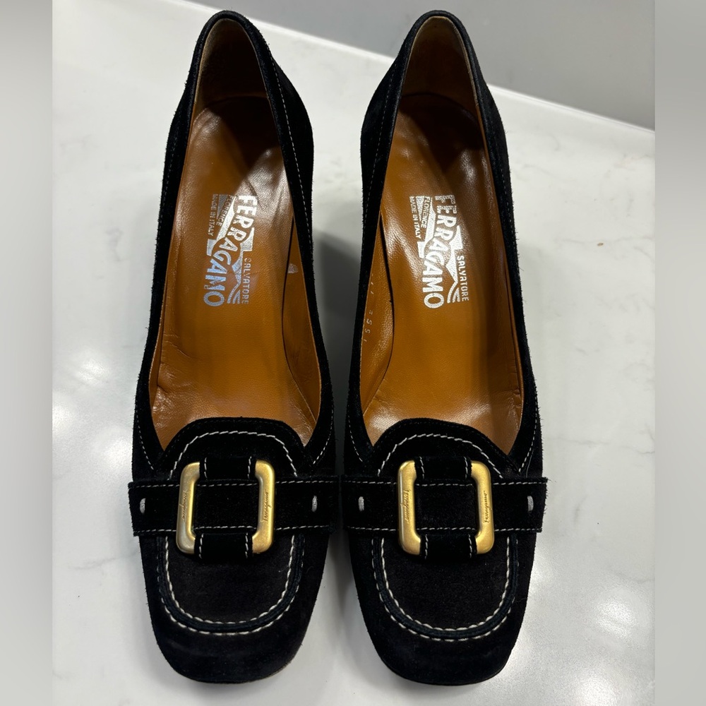 Ferragamo suede pumps with gold buckle hardware